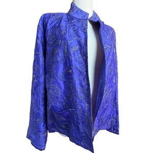 Vintage Y2K Chico's Silk Embroidered‎ Purple Jacket Art To Wear Womens Sz 2